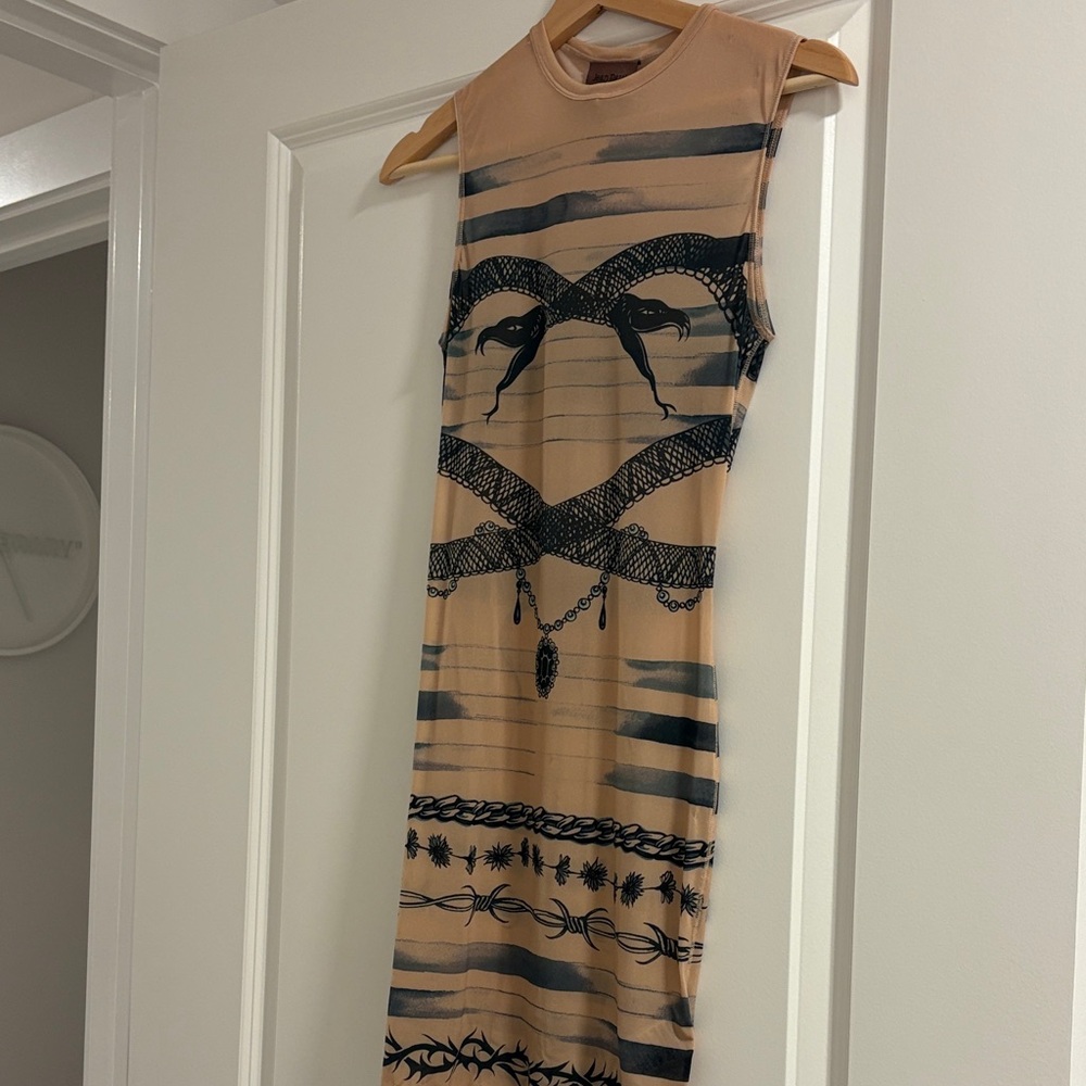 Jean Paul Gaultier Beige Sleeveless Midi Dress with Black Print